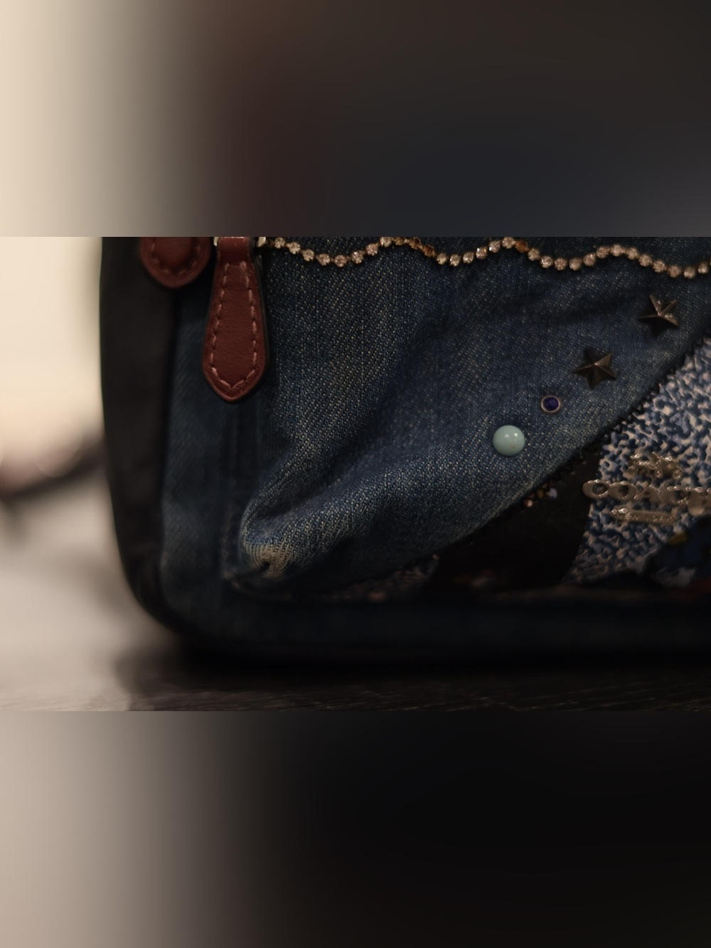 Coach Mini Charlie Denim Patchwork Star Backpack Rhinestone Trim Blue Leather - Picture 5 of 11